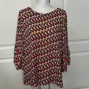 Como Blue Women's Large Geometric Print Ruffle Sleeve Blouse V-Back